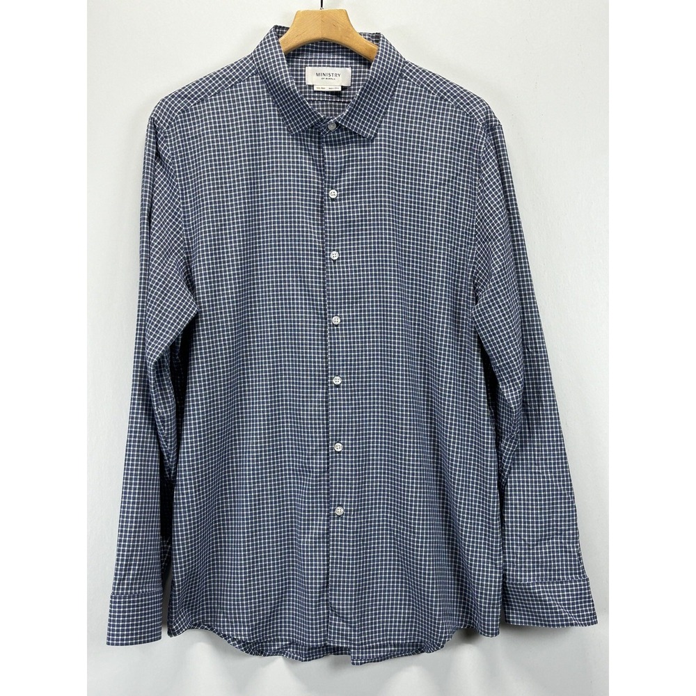 Men's Ministry Of Supply Button Up Shirt XXL 2XL Slim Fit Blue Check